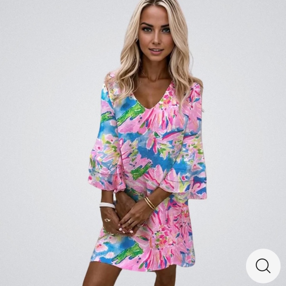 NEW Floral V-Neck Sophie Ruffle Dress in Pink and Blue with Bell Sleeves Small